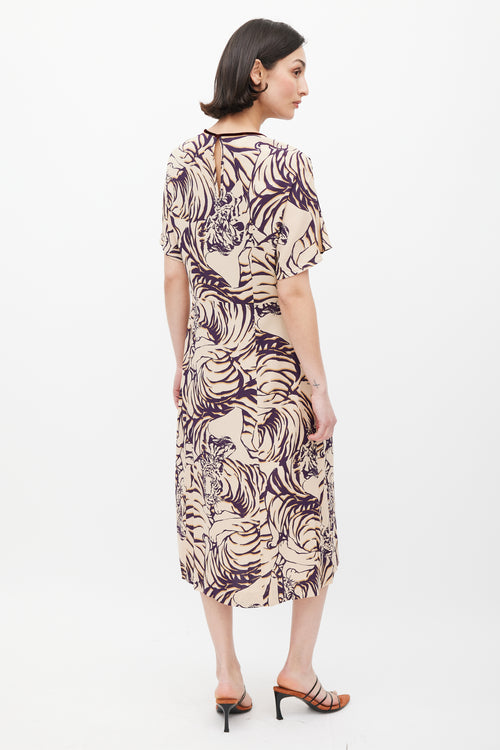 Dries Van Noten Cream 
Purple Stripe Printed Dress