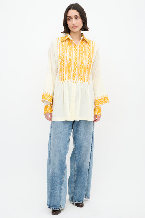 Dries Van Noten Cream 
Yellow Cotton Embroidered Shirt