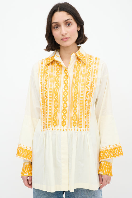 Dries Van Noten Cream 
Yellow Cotton Embroidered Shirt