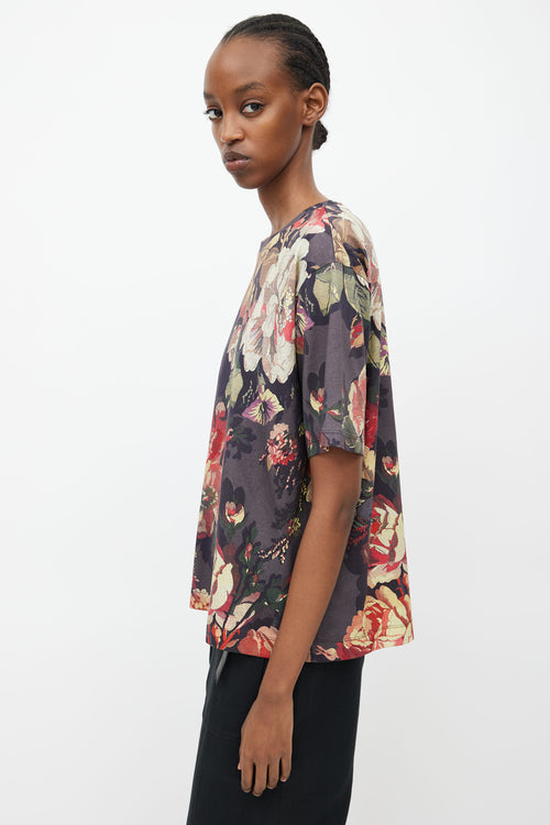 Dries Van Noten Dark Grey 
Multi Floral T-Shirt