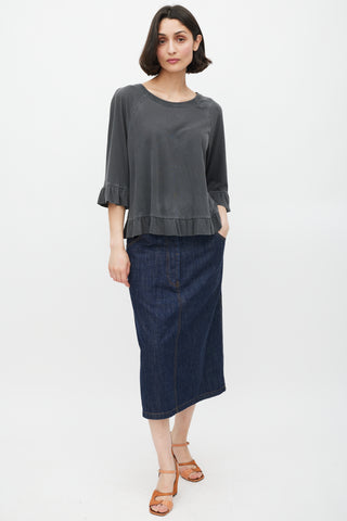 Dries Van Noten Dark Grey Washed Cotton Ruffled Top