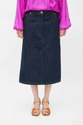 Dries Van Noten Dark Wash Denim Deconstructed Midi Skirt