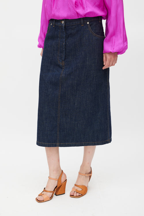 Dries Van Noten Dark Wash Denim Deconstructed Midi Skirt