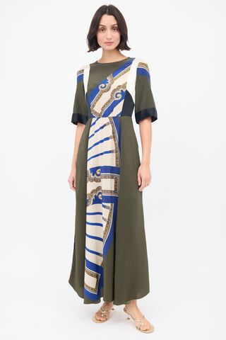 Dries Van Noten FW 2012 Green 
Multi Silk Printed Panelled Dress