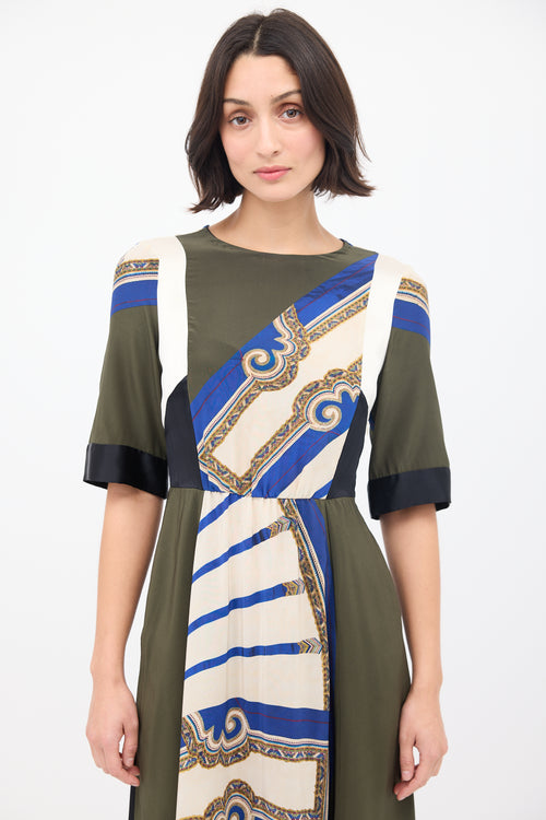 Dries Van Noten FW 2012 Green 
Multi Silk Printed Panelled Dress