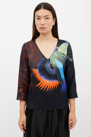 Dries Van Noten FW 2019 Black 
Multicolour Printed V-Neck Top