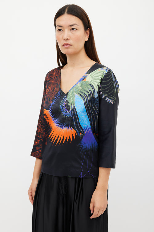 Dries Van Noten FW 2019 Black 
Multicolour Printed V-Neck Top