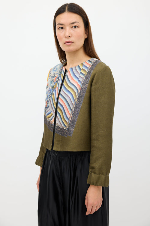 Dries Van Noten Fall 2012 Green 
Multi Silk Print Zip Jacket