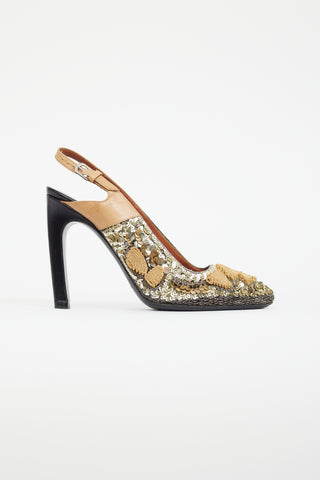 Dries Van Noten Gold 
Black Embroidered Slingback Heel