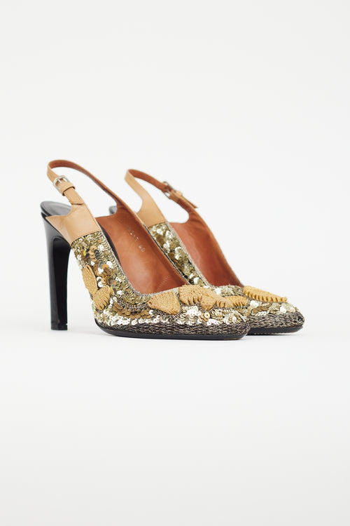 Dries Van Noten Gold 
Black Embroidered Slingback Heel