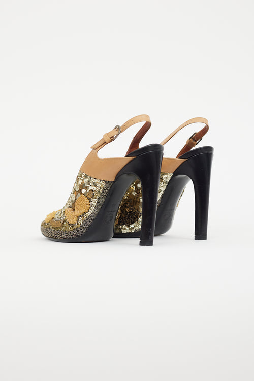 Dries Van Noten Gold 
Black Embroidered Slingback Heel