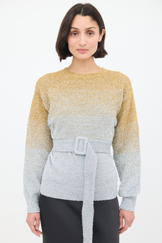 Dries Van Noten Gold 
Silver Tinsel Ombré Belted Sweater