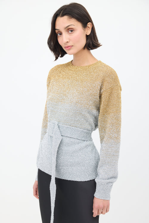 Dries Van Noten Gold 
Silver Tinsel Ombré Belted Sweater