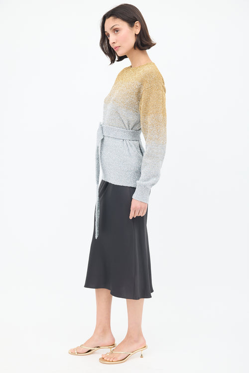 Dries Van Noten Gold 
Silver Tinsel Ombré Belted Sweater