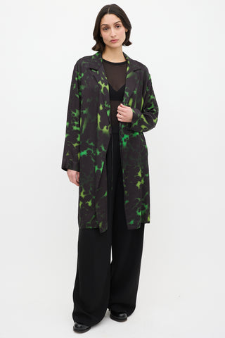 Dries Van Noten Green 
Black Satin Dyed Duster Coat