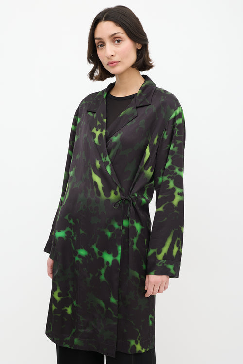 Dries Van Noten Green 
Black Satin Dyed Duster Coat