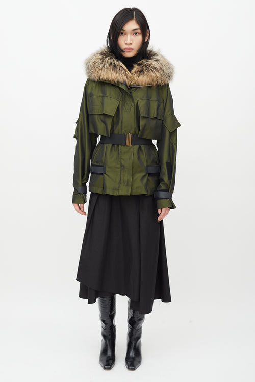 Dries Van Noten Green Metallic Fur Trim Belted Jacket