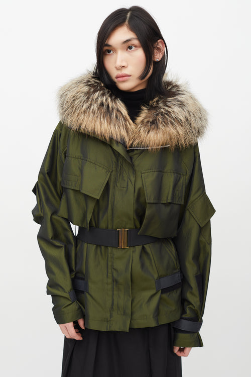 Dries Van Noten Green Metallic Fur Trim Belted Jacket