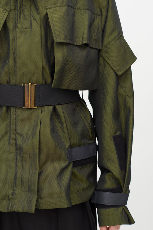 Dries Van Noten Green Metallic Fur Trim Belted Jacket