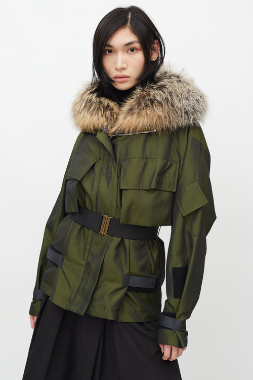 Dries Van Noten Green Metallic Fur Trim Belted Jacket