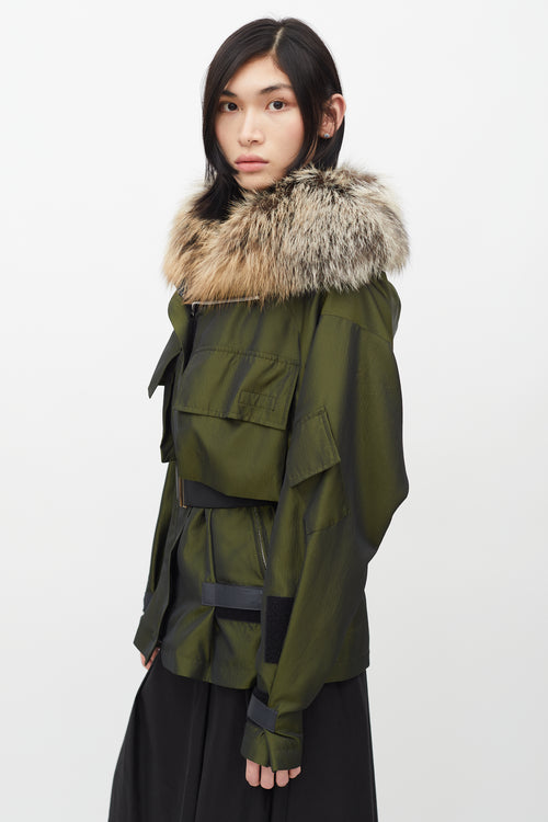 Dries Van Noten Green Metallic Fur Trim Belted Jacket