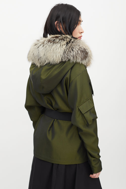 Dries Van Noten Green Metallic Fur Trim Belted Jacket