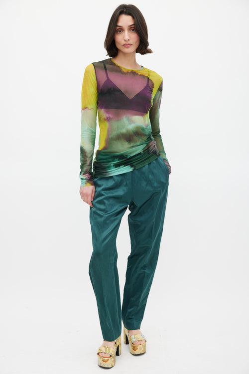 Dries Van Noten Green 
Multicolour Mesh Watercolour Printed Top