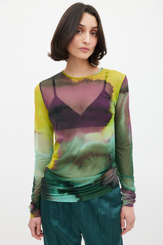 Dries Van Noten Green 
Multicolour Mesh Watercolour Printed Top