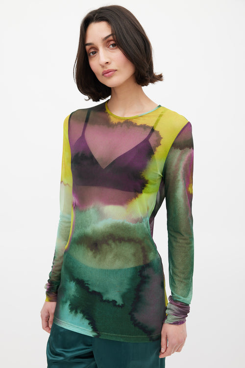 Dries Van Noten Green 
Multicolour Mesh Watercolour Printed Top