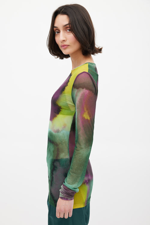 Dries Van Noten Green 
Multicolour Mesh Watercolour Printed Top