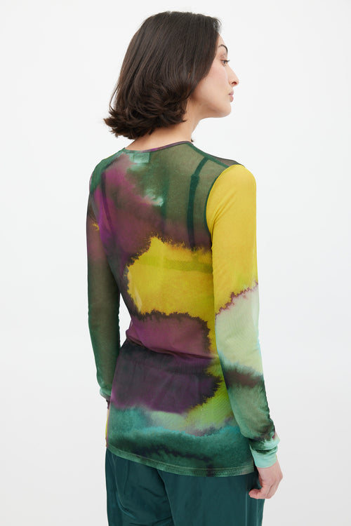 Dries Van Noten Green 
Multicolour Mesh Watercolour Printed Top