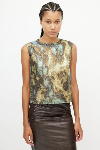 Dries Van Noten Green 
Multicolour Metallic Print Top