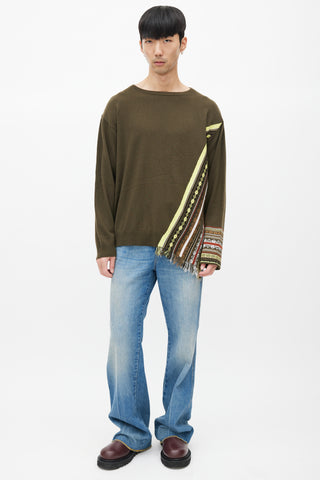 Dries Van Noten Green 
Multicolour Stripe Cashmere Fringe Sweater