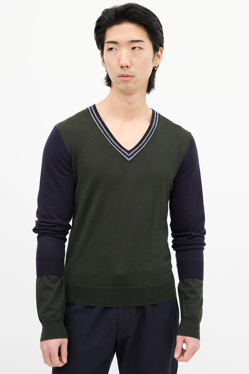 Dries Van Noten Green 
Navy Wool Colour Block Sweater