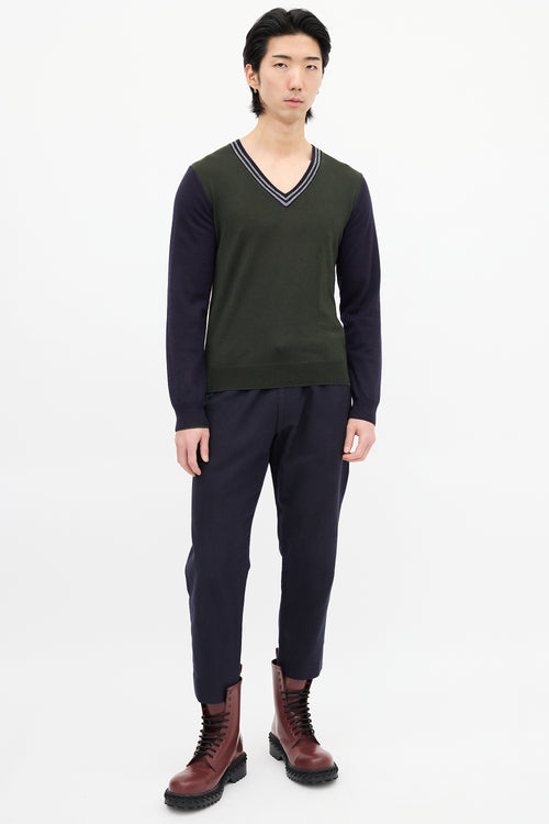 Dries Van Noten Green 
Navy Wool Colour Block Sweater