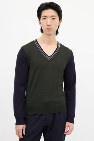 Dries Van Noten Green 
Navy Wool Colour Block Sweater