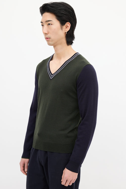 Dries Van Noten Green 
Navy Wool Colour Block Sweater