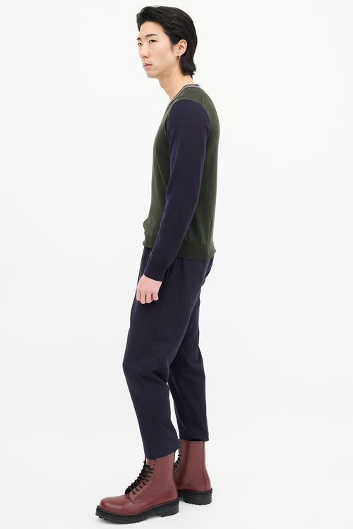 Dries Van Noten Green 
Navy Wool Colour Block Sweater