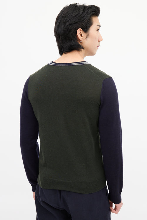 Dries Van Noten Green 
Navy Wool Colour Block Sweater