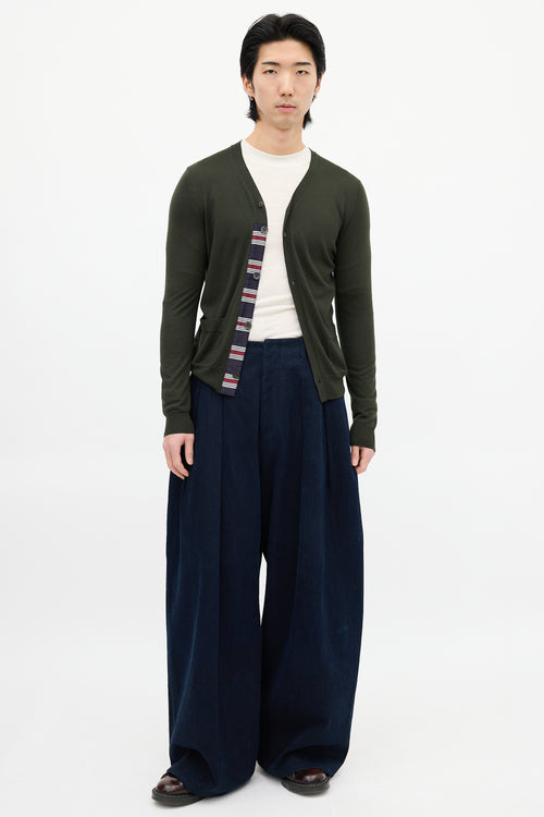 Dries Van Noten Green Wool Striped Trim Cardigan