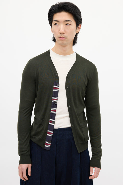 Dries Van Noten Green Wool Striped Trim Cardigan