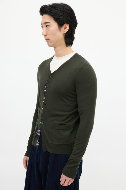 Dries Van Noten Green Wool Striped Trim Cardigan