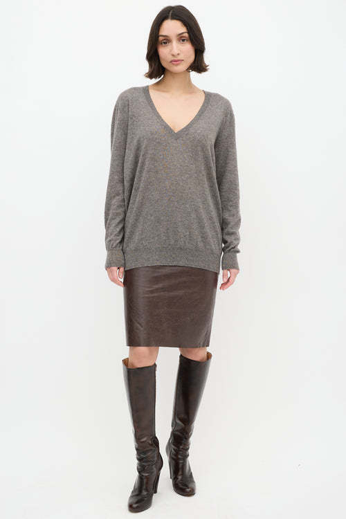 Dries Van Noten Grey Cashmere 
Silk V-Neck Sweater