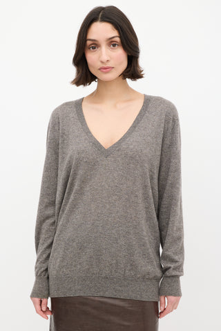 Dries Van Noten Grey Cashmere 
Silk V-Neck Sweater