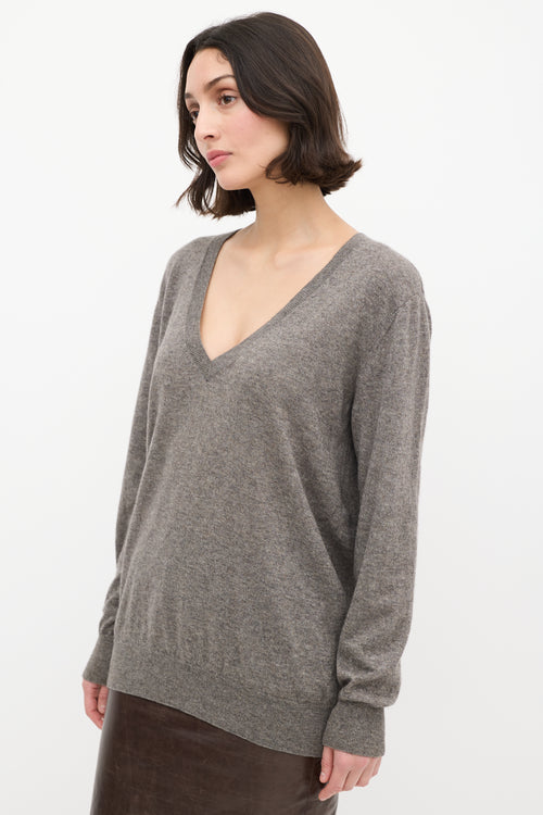 Dries Van Noten Grey Cashmere 
Silk V-Neck Sweater