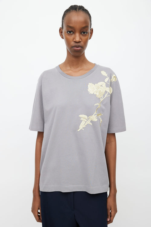 Dries Van Noten Grey 
Gold Rose Embroidery T-Shirt