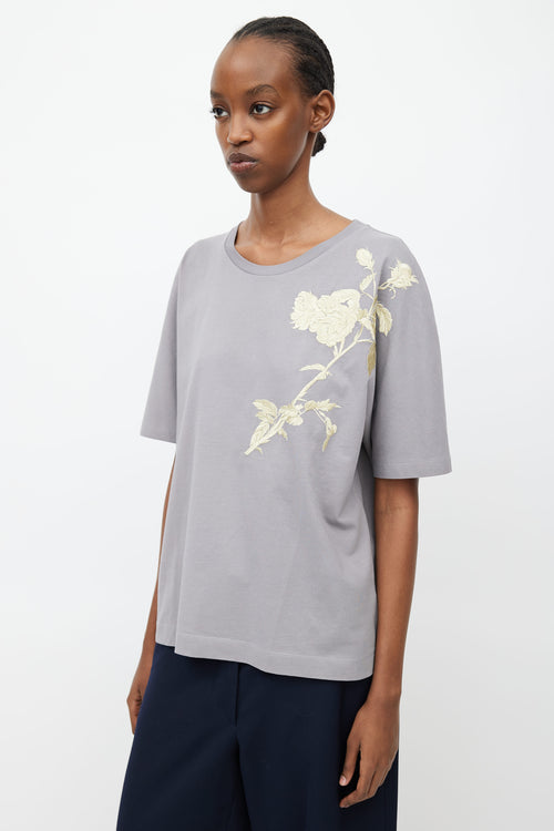 Dries Van Noten Grey 
Gold Rose Embroidery T-Shirt