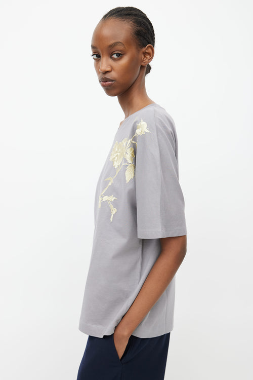 Dries Van Noten Grey 
Gold Rose Embroidery T-Shirt