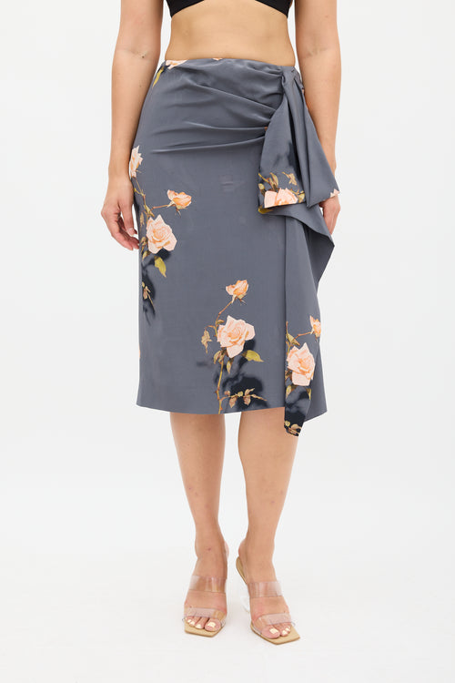 Dries Van Noten Grey 
Multi Silk Floral Skirt