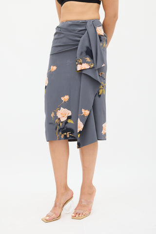 Dries Van Noten Grey 
Multi Silk Floral Skirt